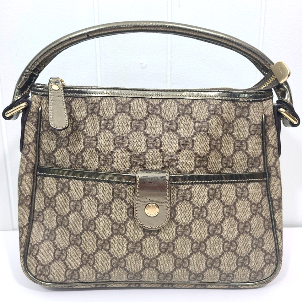Gucci Joy Monogram Supreme GG Patent Leather Signature Front Snap Pocket Handbag